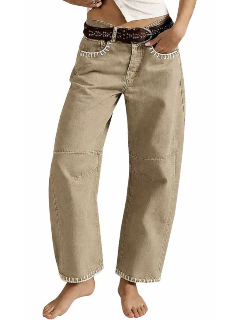 Flamingals Mid Rise Barrel Leg Contrast Stitch Trendy Loose Pants M